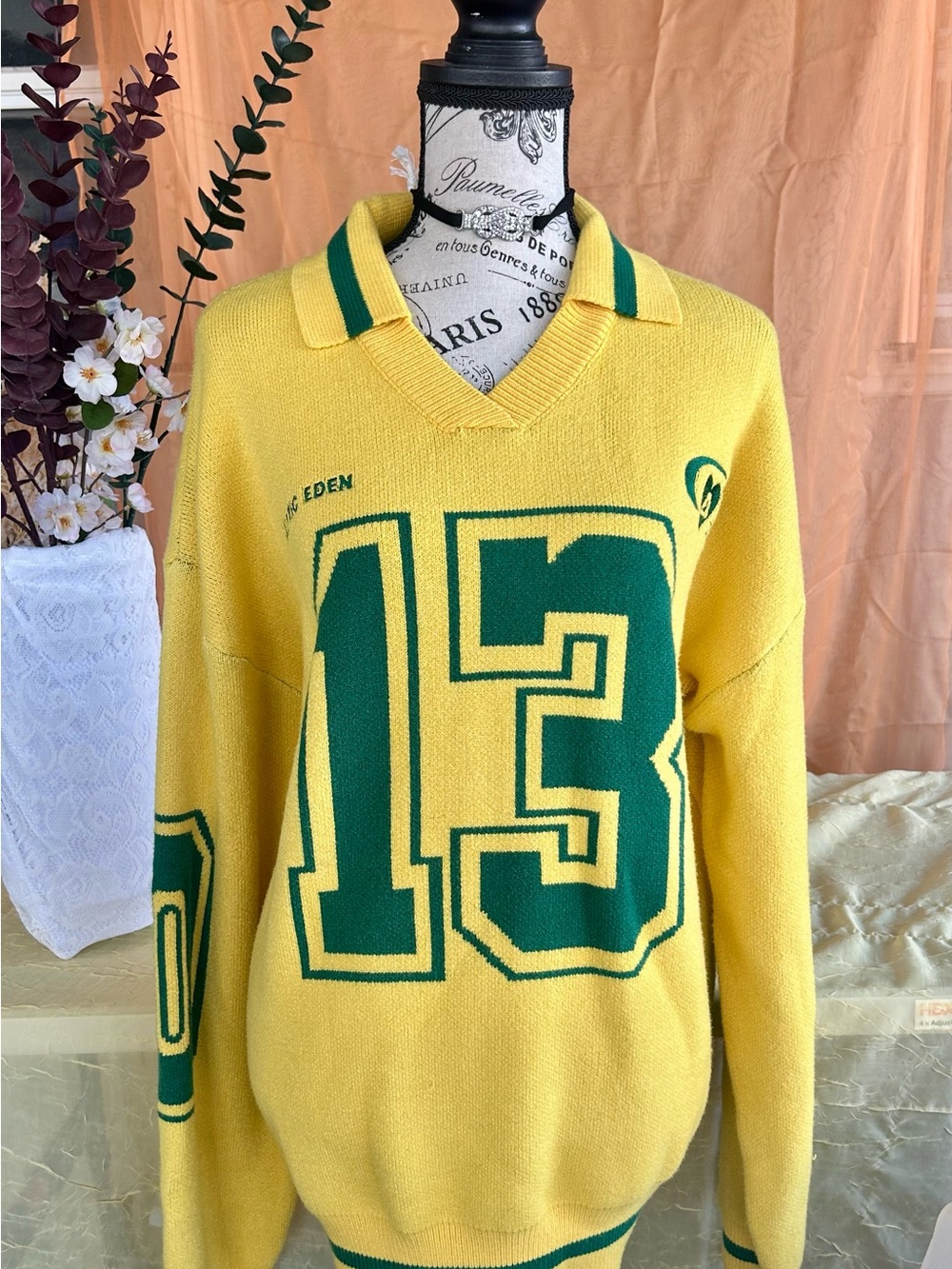 Aelfric Eden Yellow V-Neck Sweater with Green '13' Graphic